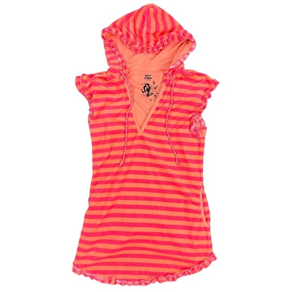 Betsey Johnson Terry Cloth Hooded Swim Cover Neon Pink Peach Sz Small - Picture 1 of 3